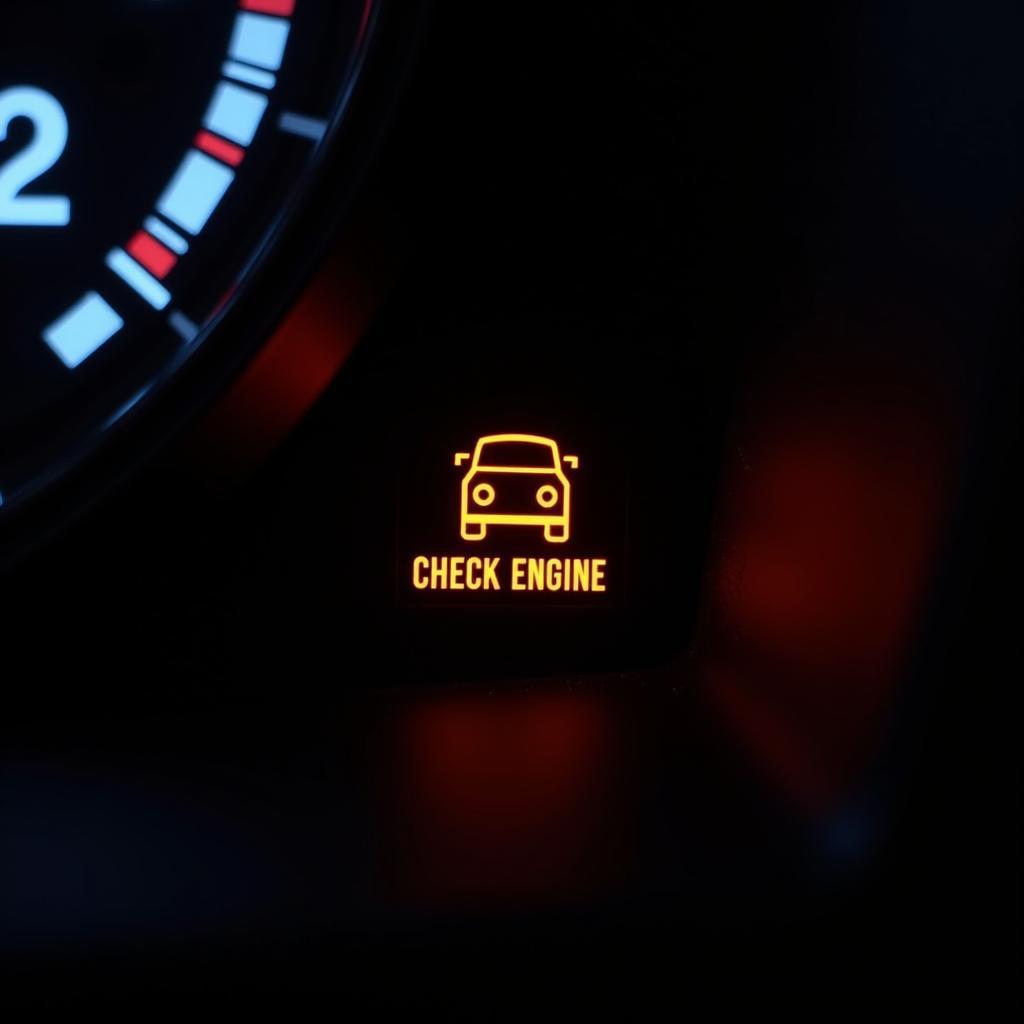 Car dashboard with illuminated check engine light