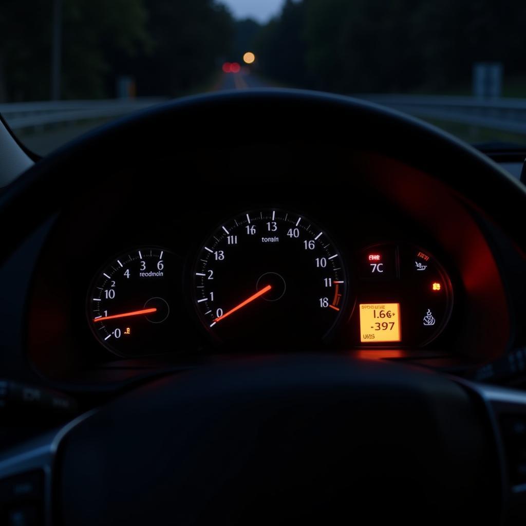 A car dashboard with the check engine light illuminated.