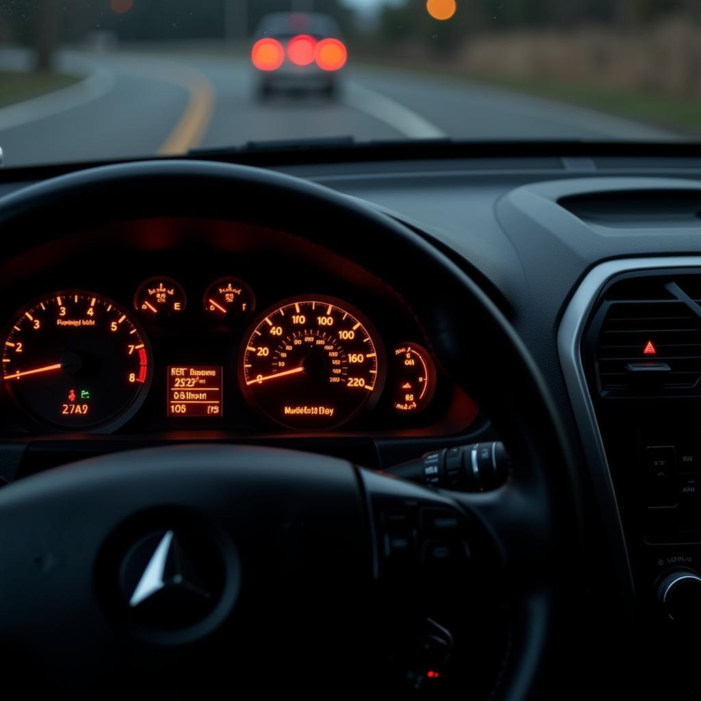 Car dashboard with warning lights illuminated