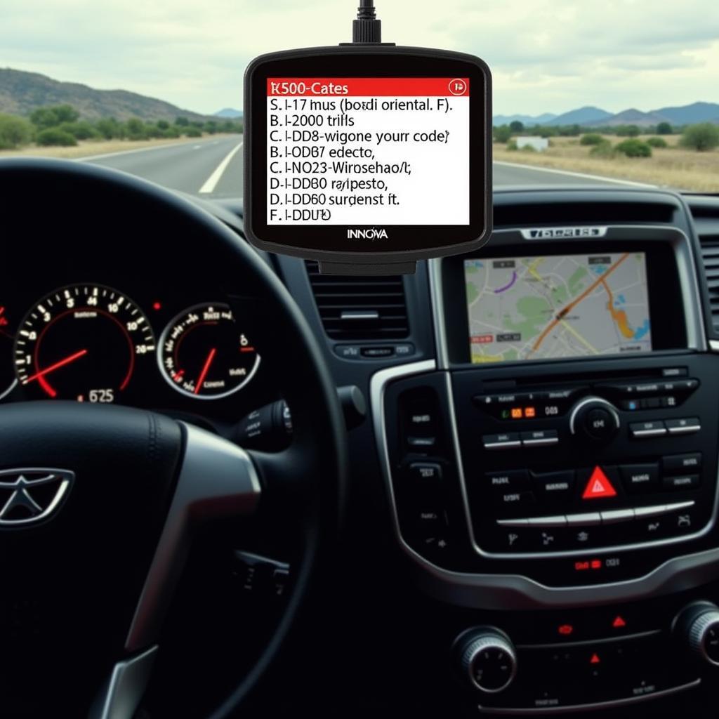 Car dashboard with Innova 3030f OBD2 scanner displaying diagnostic codes