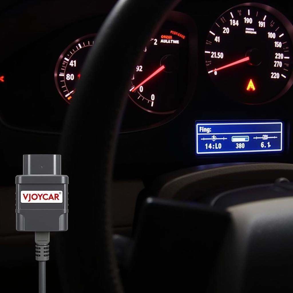 Car Dashboard with Warning Light and VJOYCAR P12 OBD Scanner