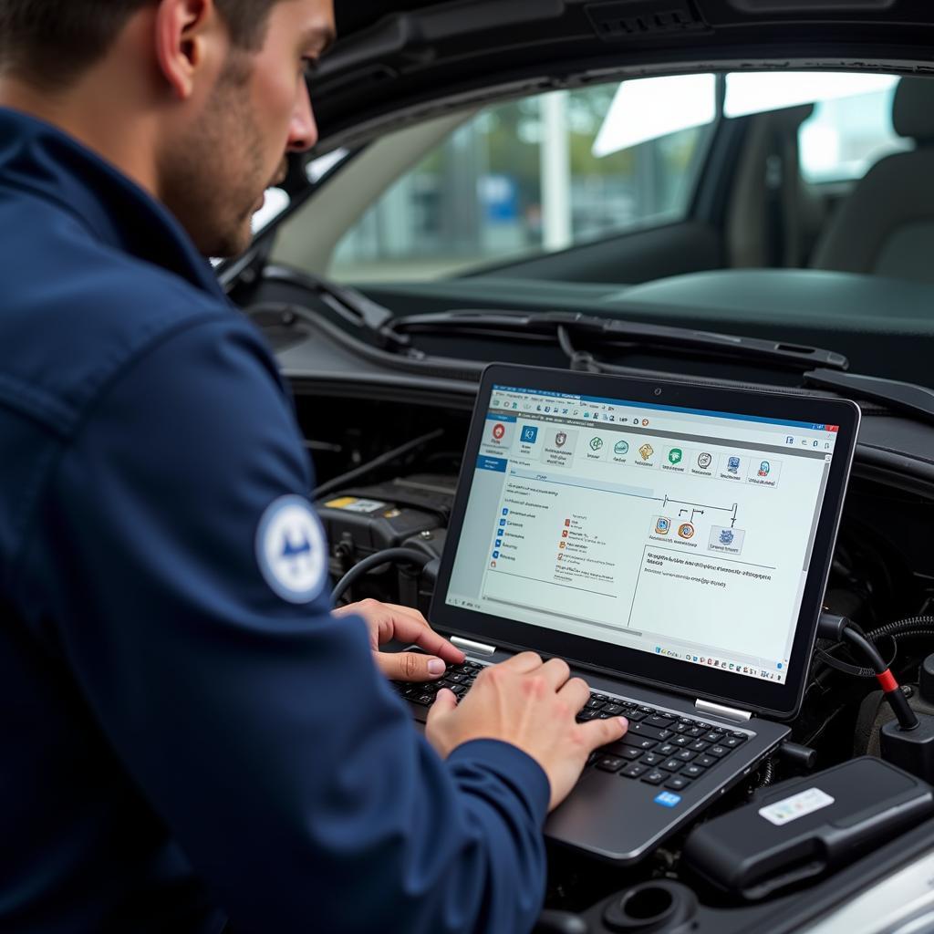 Laptop displaying car diagnostic software connected to a vehicle