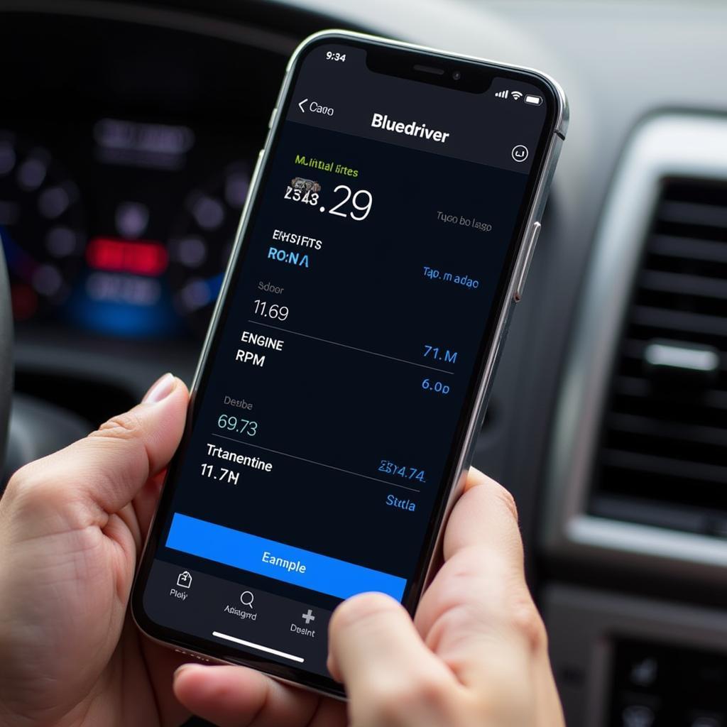 Smartphone displaying the Bluedriver app with diagnostic data