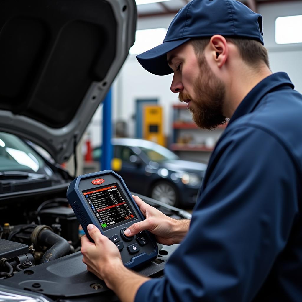 A mechanic using a Stahlcar OBD2 scanner to diagnose a car engine.