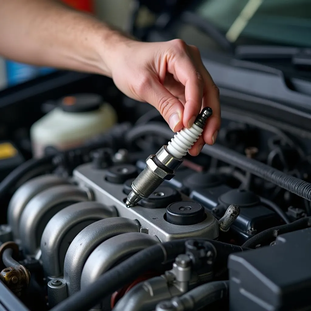 Car Engine Maintenance with New Spark Plugs