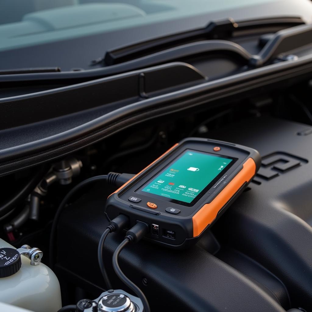 Car engine with diagnostic tool connected