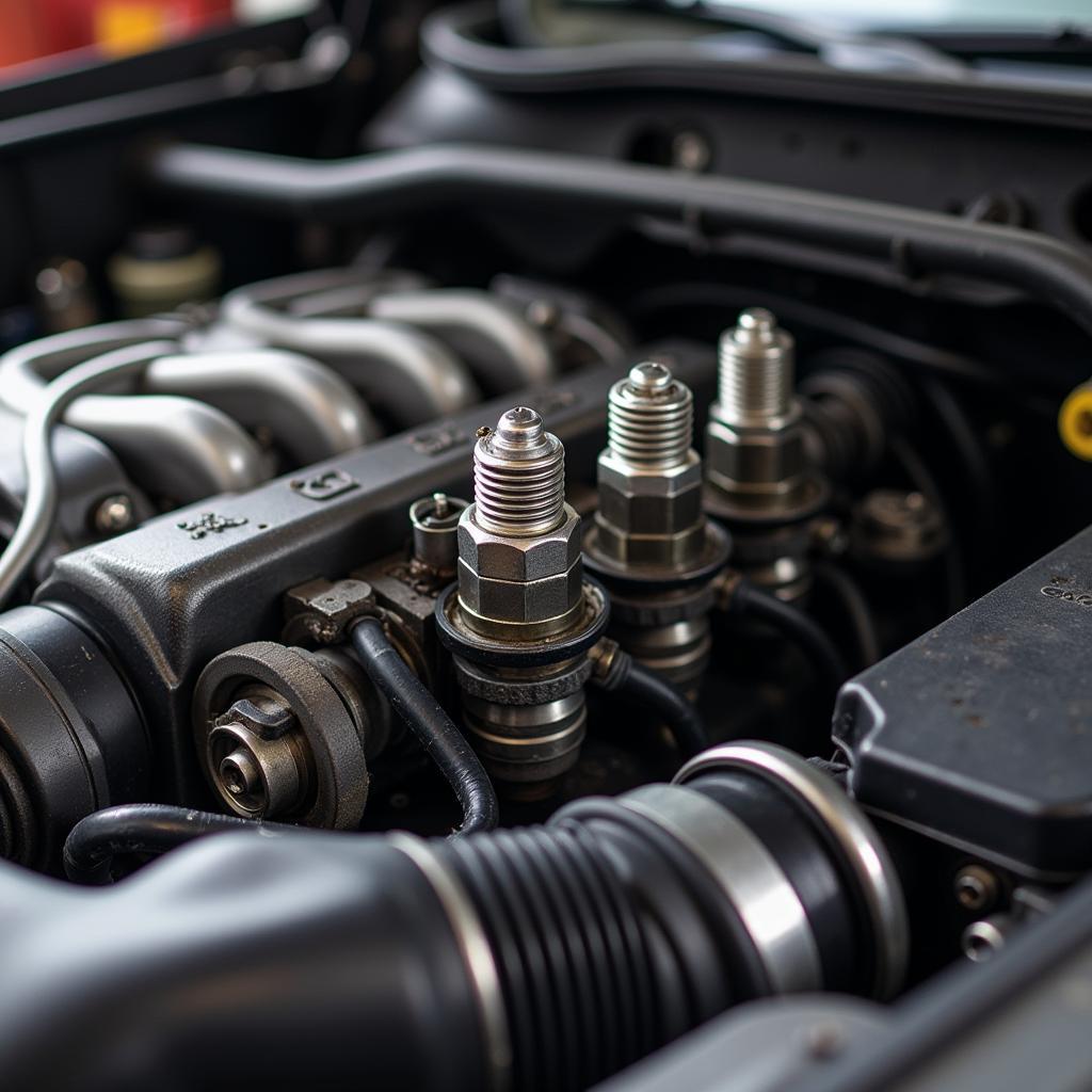 Car Engine with Highlighted Spark Plugs