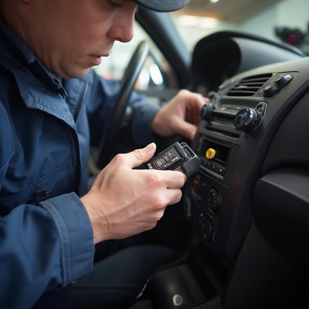 Car Enthusiast Installing Performance Chip in Garage