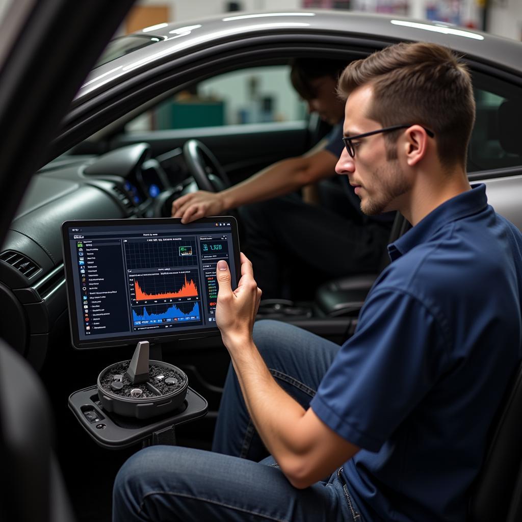 Car Enthusiast Using ELM327 Bluetooth OBD2 Scanner and Android Tablet to Diagnose Car Problems