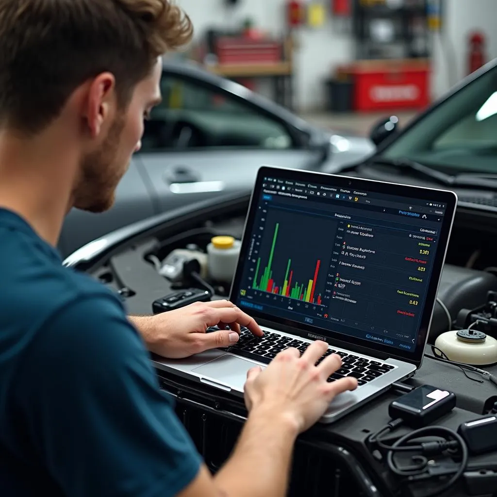 Car Enthusiast Using HDMI to OBD2 Cord for Performance Tuning