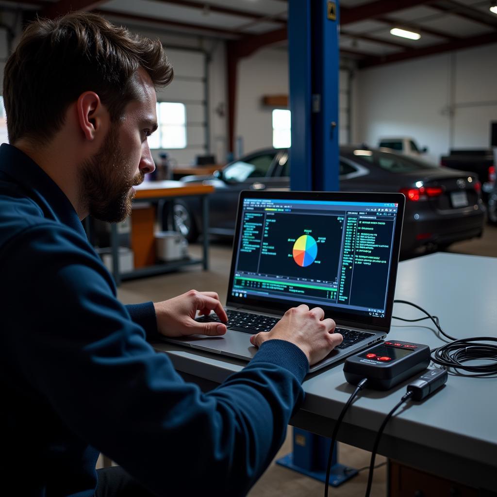 Car enthusiast using OBD2 software on a laptop to diagnose his vehicle.