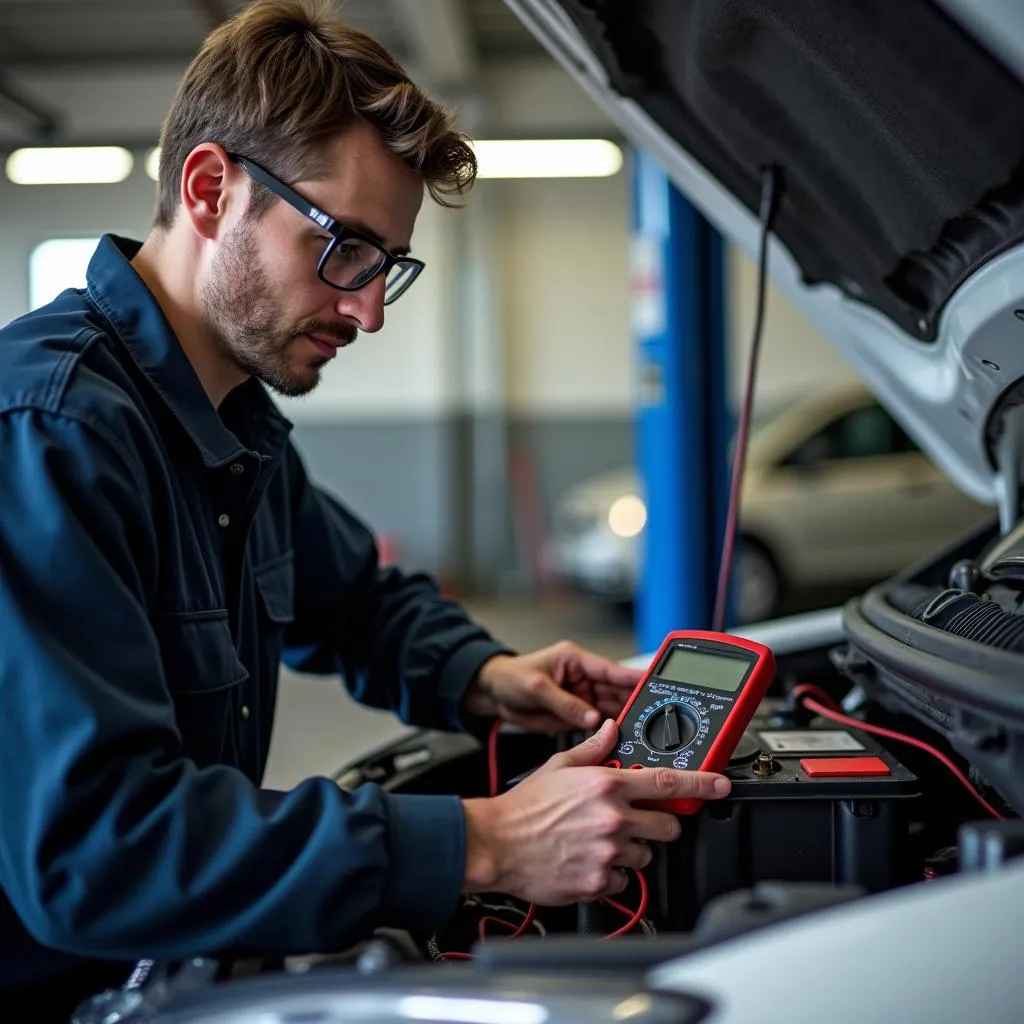 Car Mechanic Inspecting Battery for B2AAA Prevention