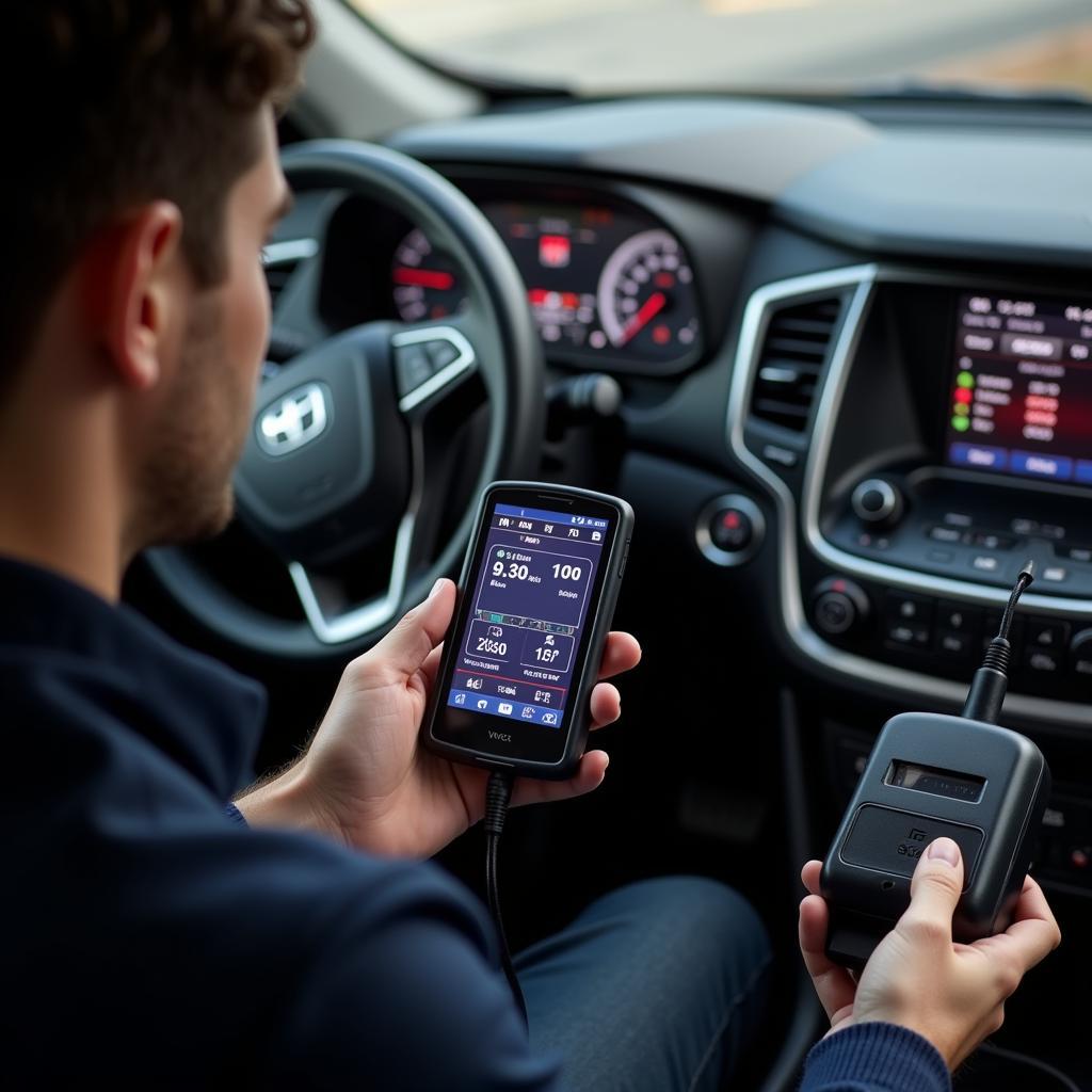 Car owner checking live data with OBD2 scanner