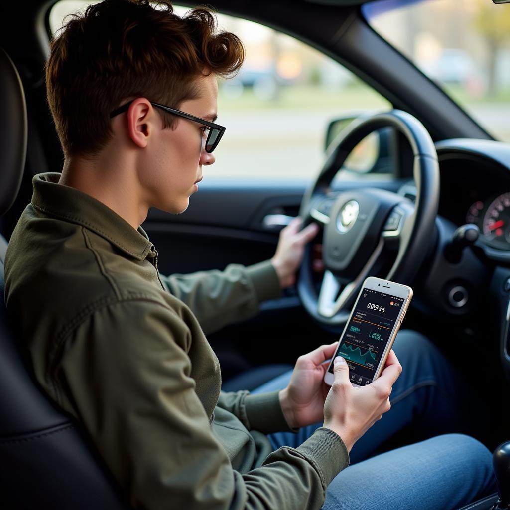 A car owner sitting in their car, using their smartphone to read diagnostic data from their Bluetooth OBD2 car code reader.