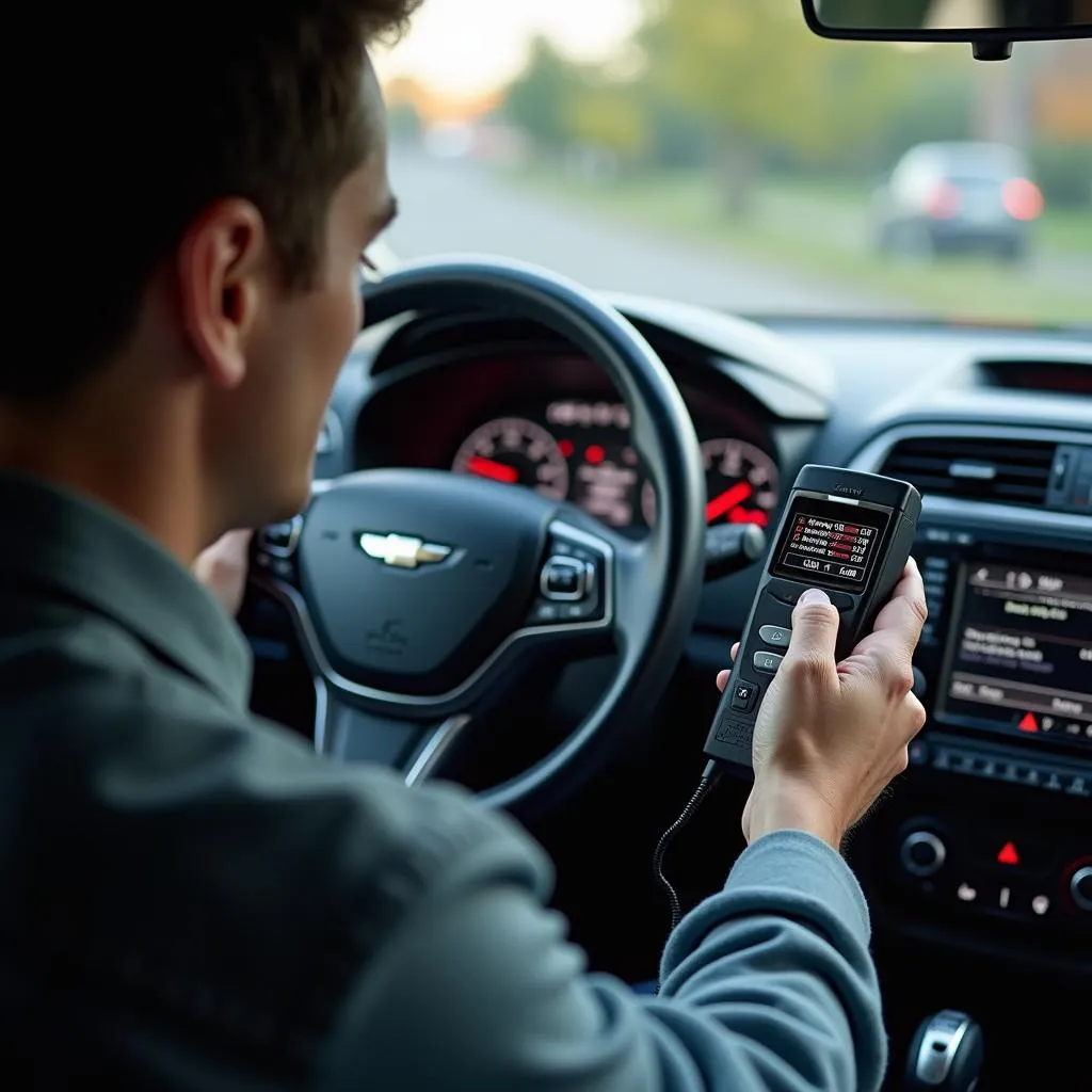  A car owner using an OBD2 scanner to read diagnostic trouble codes