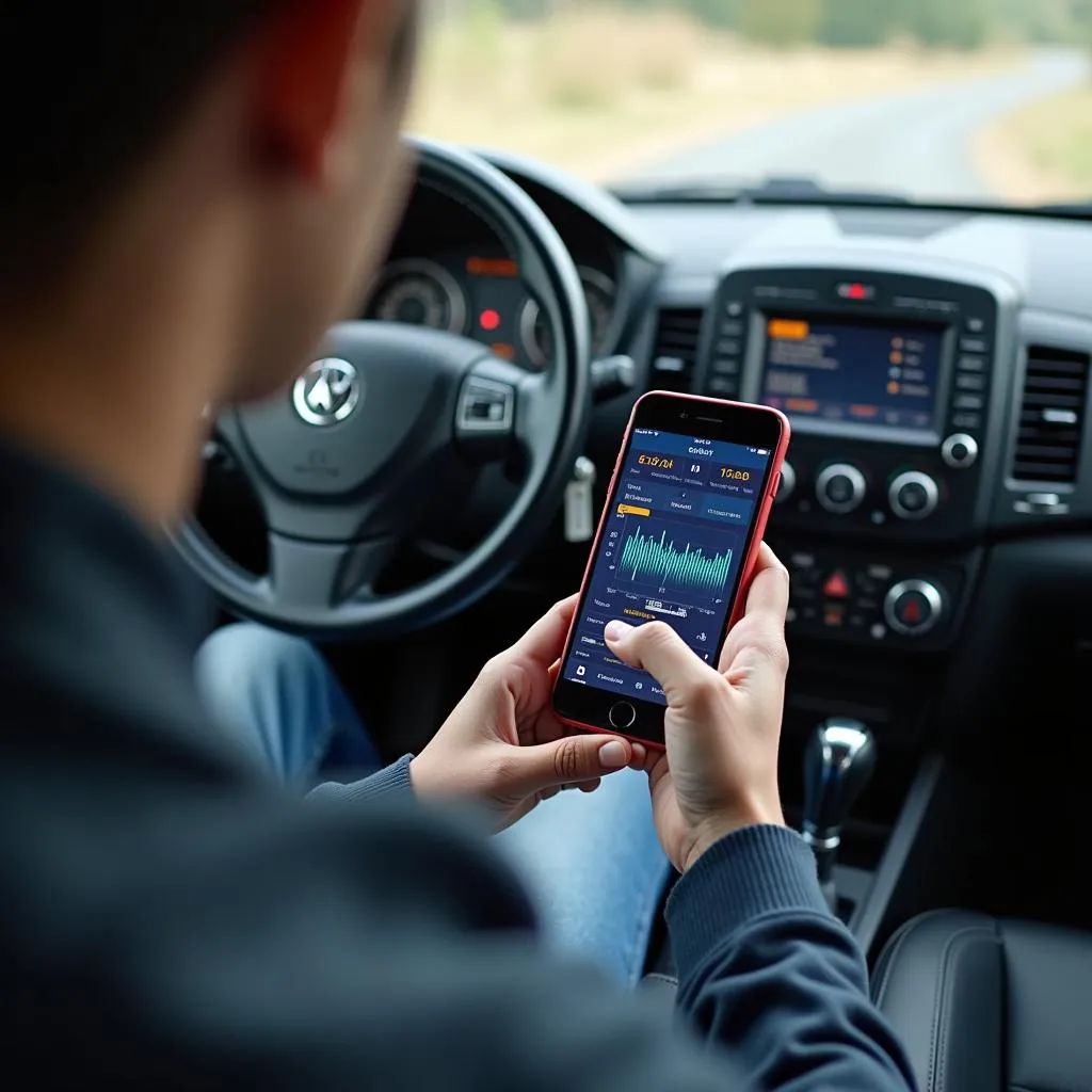 Car Owner Using ELM327 App on Smartphone for Diagnostics