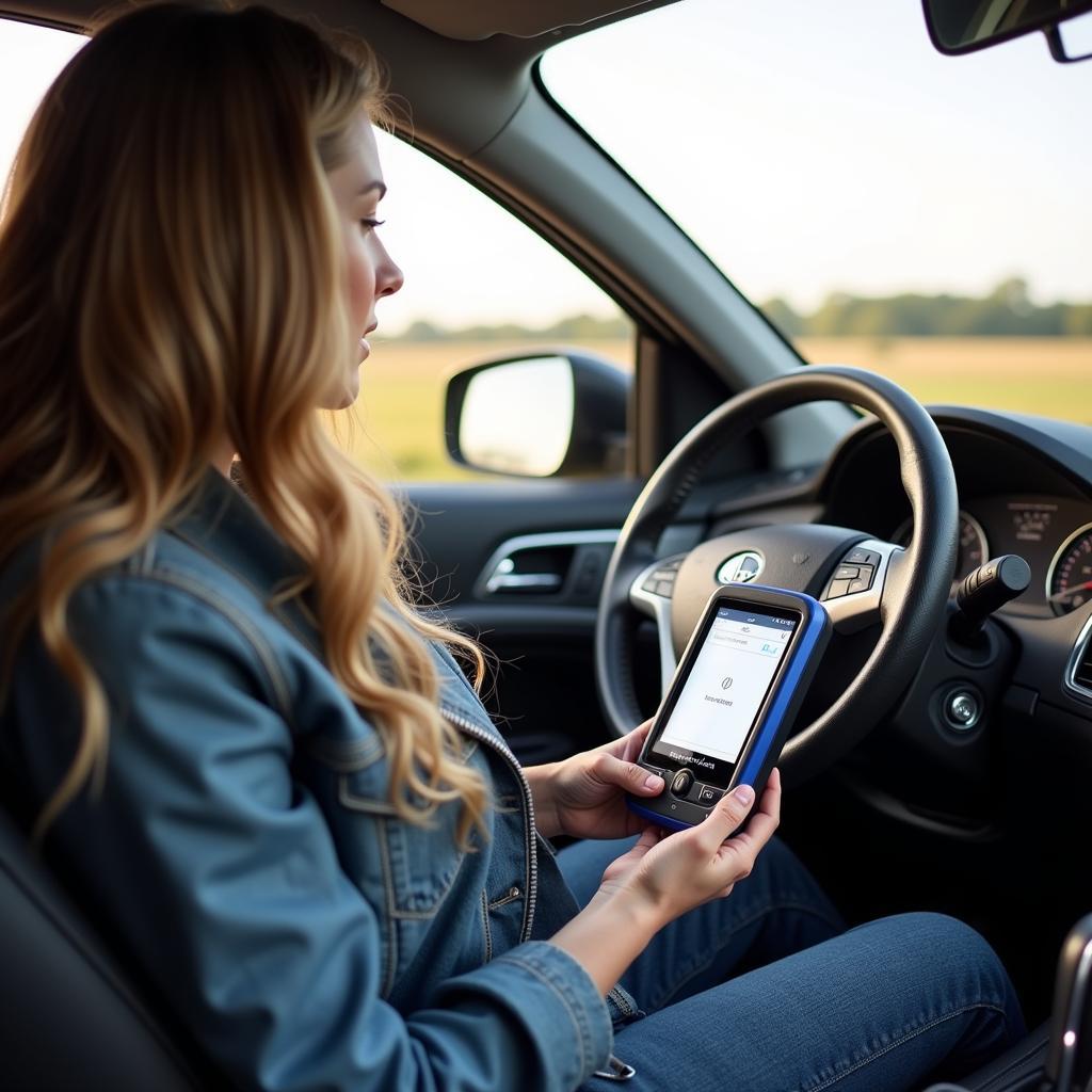 Car Owner Using a Foseal OBD2 Scanner on a Road Trip