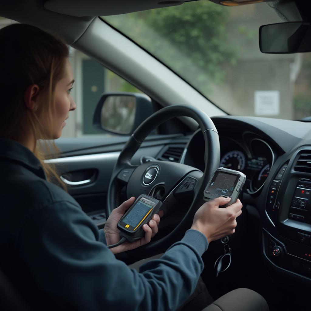 Car Owner Using OBD2 Scan Tool at Home