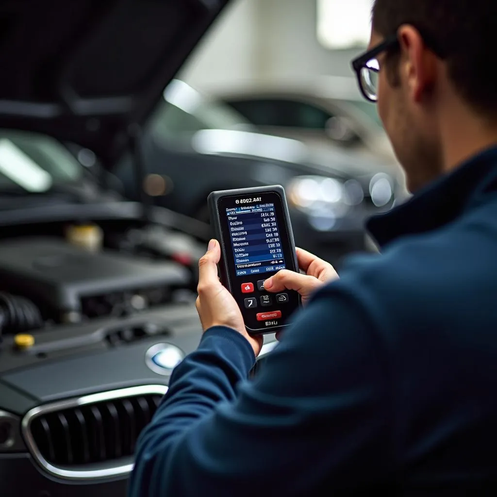 Car owner diagnosing a car problem using an OBD2 scanner in their garage