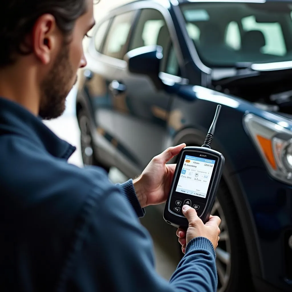 Car Owner Using OBD2 Scanner at Home