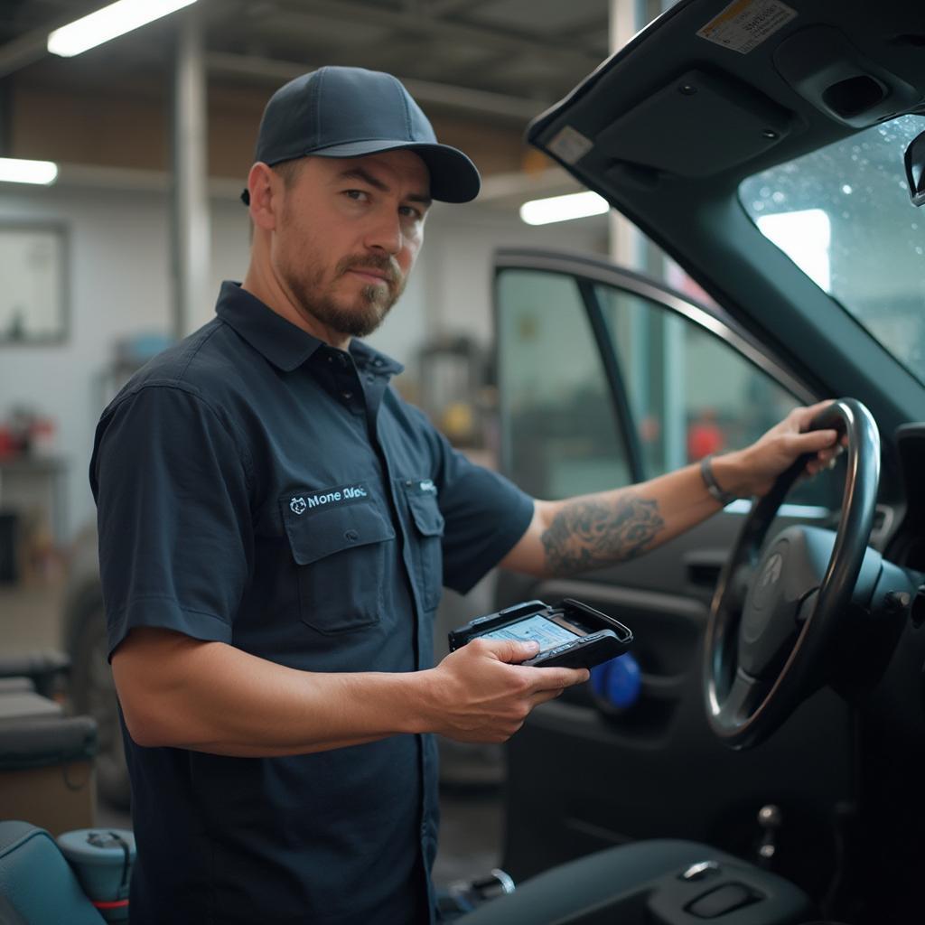 Car Owner Using OBD2 Scanner at Home