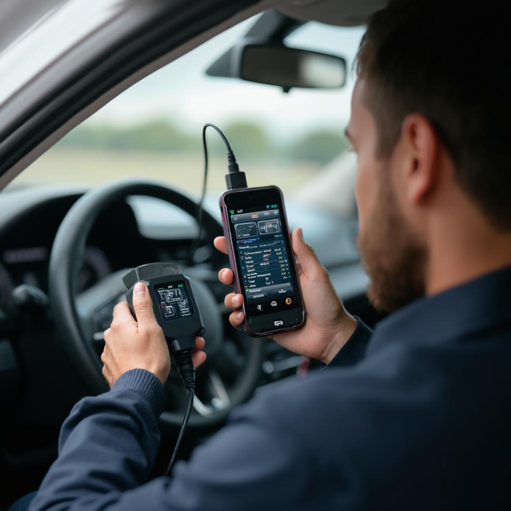 Car Owner Using OBD2 Scanner to Check Engine Light