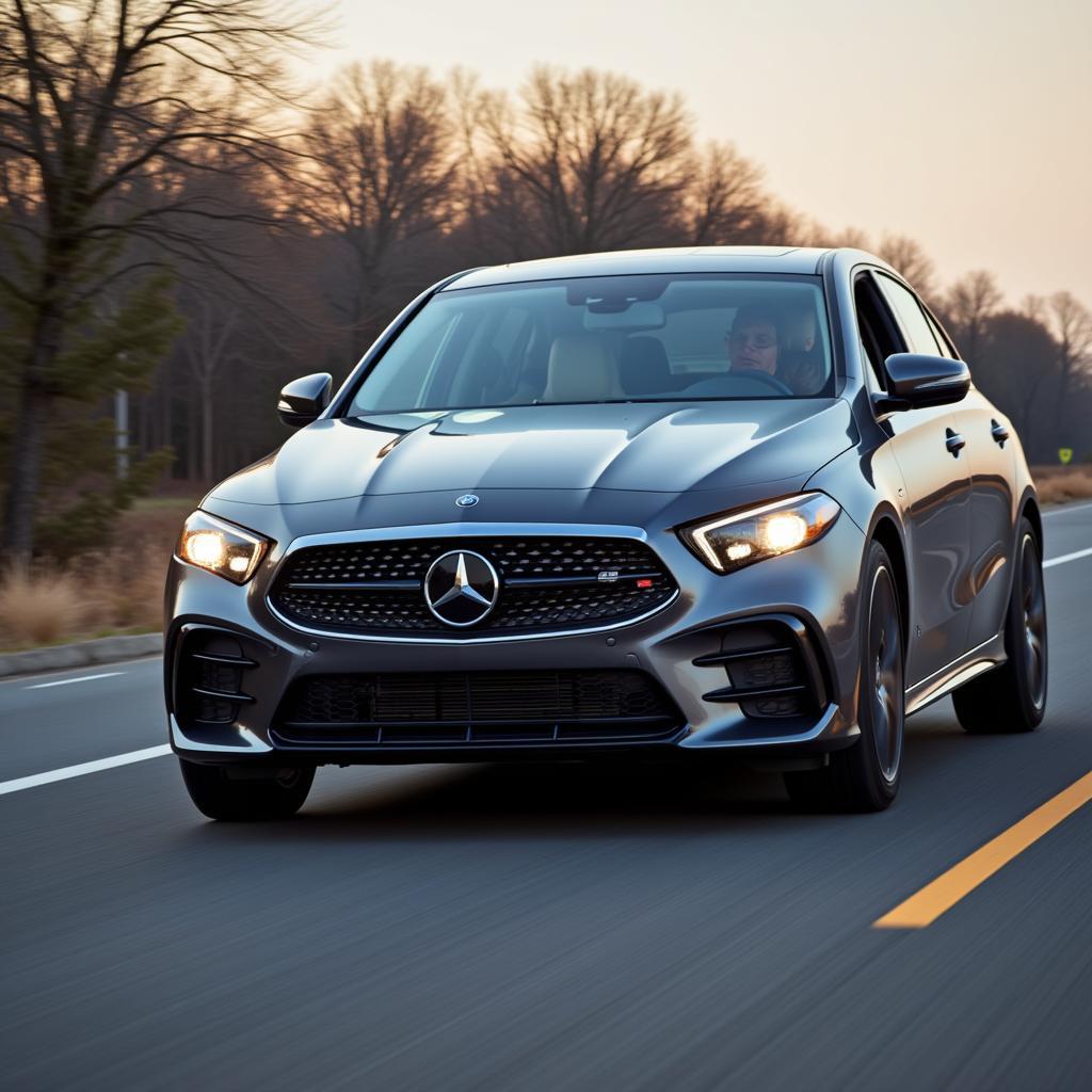 A car driving down a scenic road, representing a smooth and problem-free driving experience.