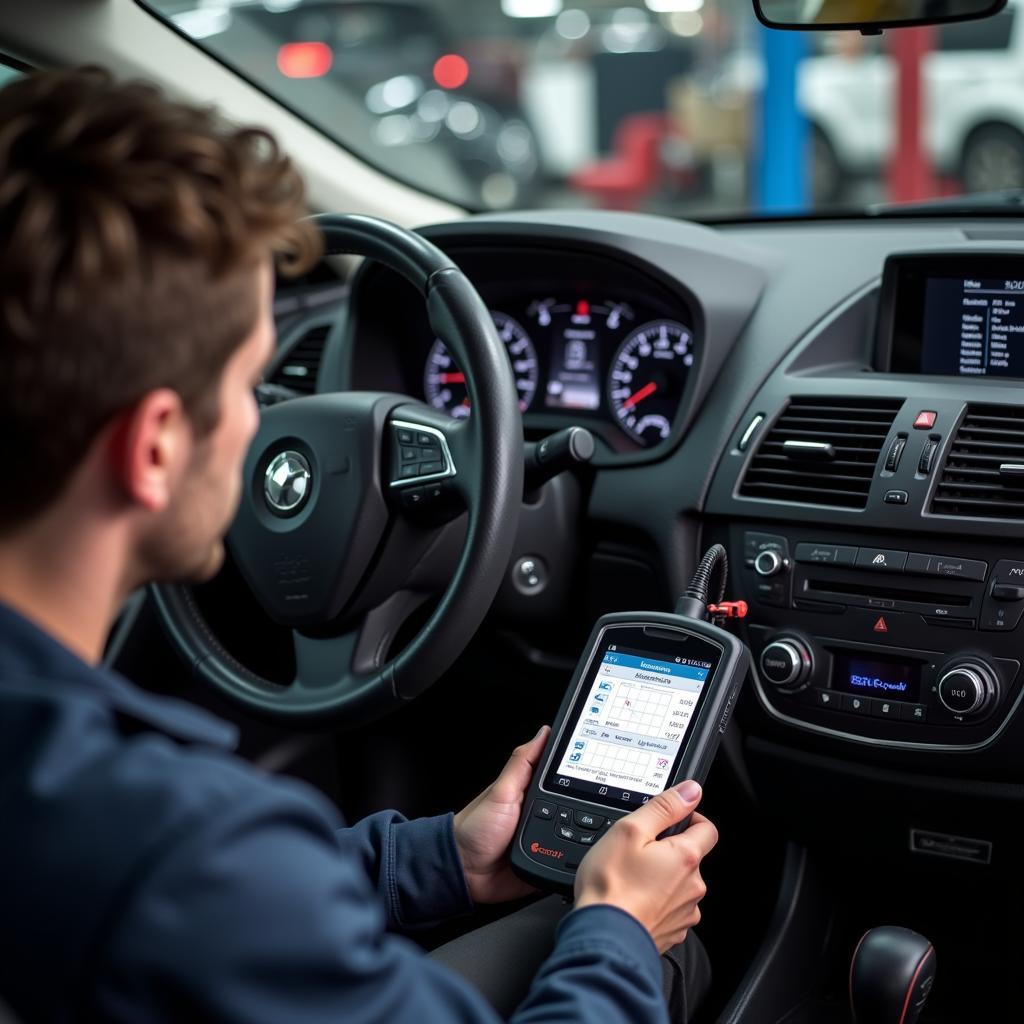 Mechanic Using OBD2 Scanner in a Car Throttle Shop