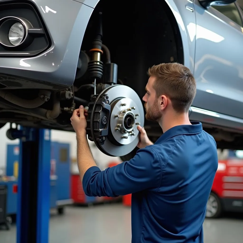 Car Undergoing Brake Inspection