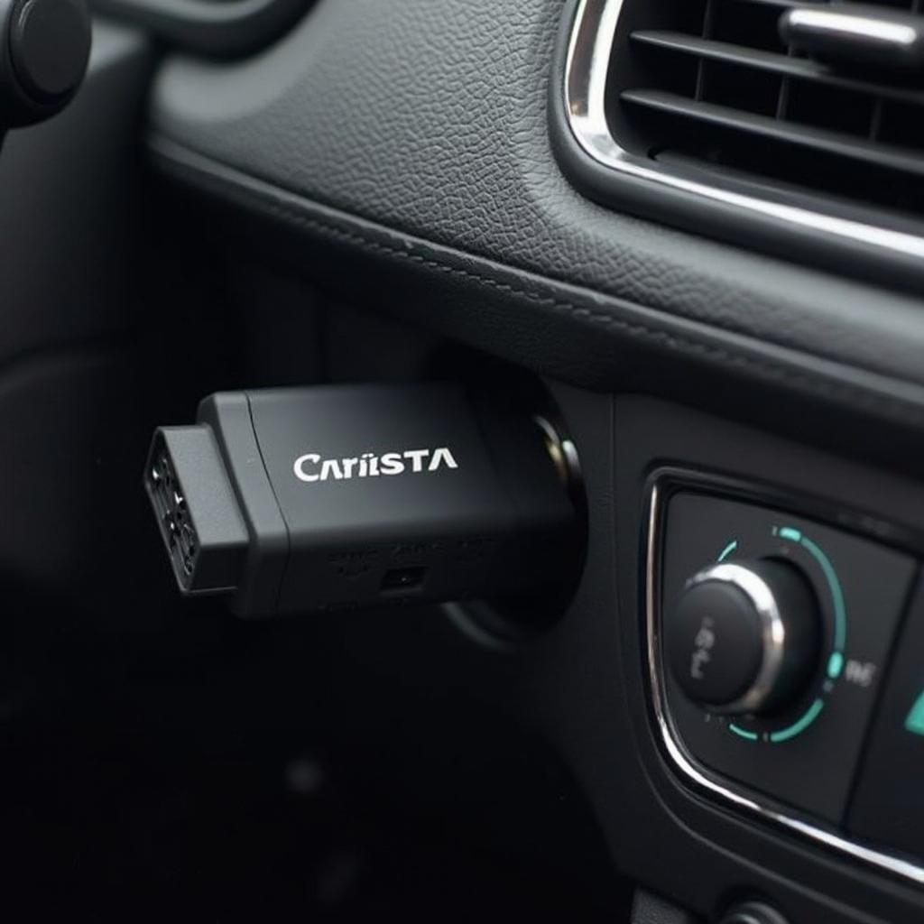 Carista OBD2 Bluetooth Adapter plugged into a car's OBD2 port