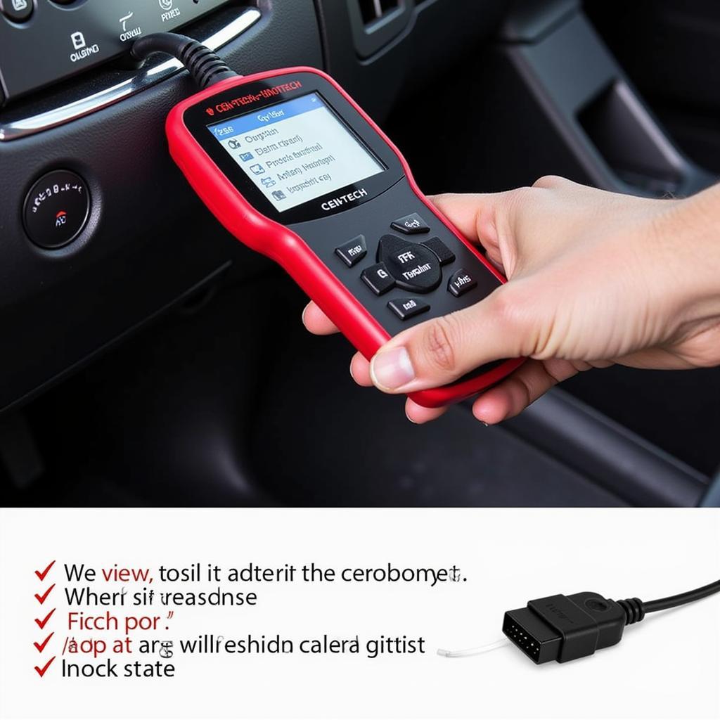 CEN-TECH 60694 OBD2 Scanner connected to a car's OBD2 port