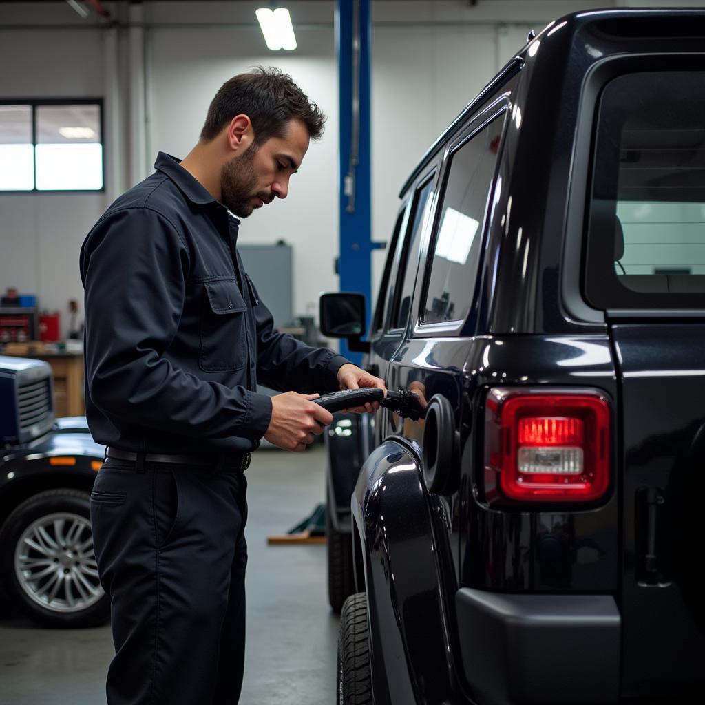 A certified mechanic adjusting the mileage on a Jeep using specialized equipment