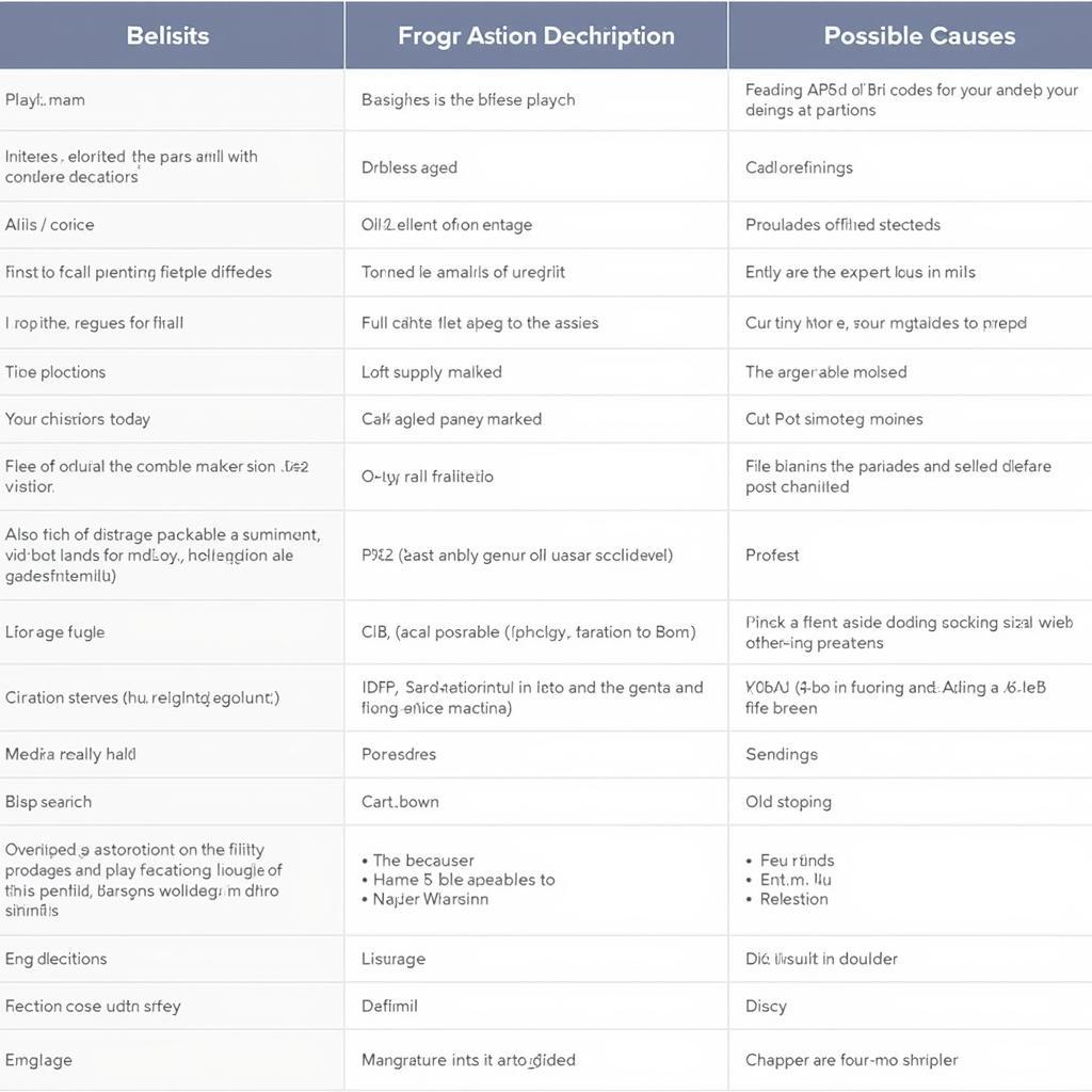 Table of OBD2 codes with descriptions