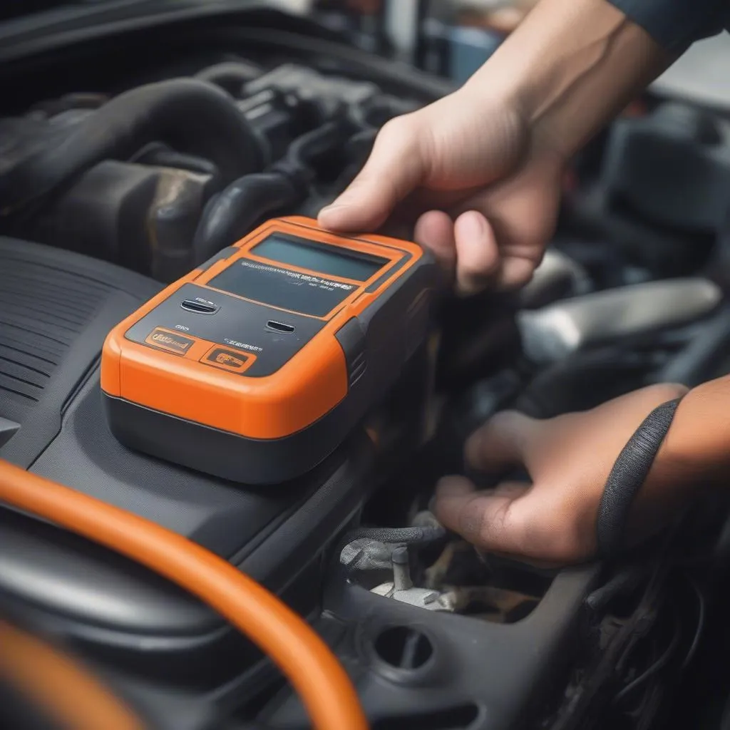 Mechanic connecting a cheap OBD2 scanner to a car's OBD2 port