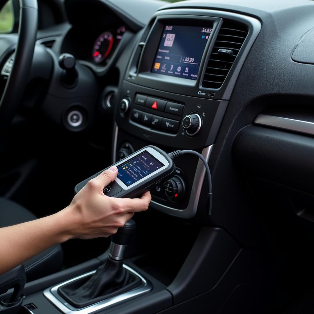 A cheap OBD2 scanner connected to a car's OBD2 port