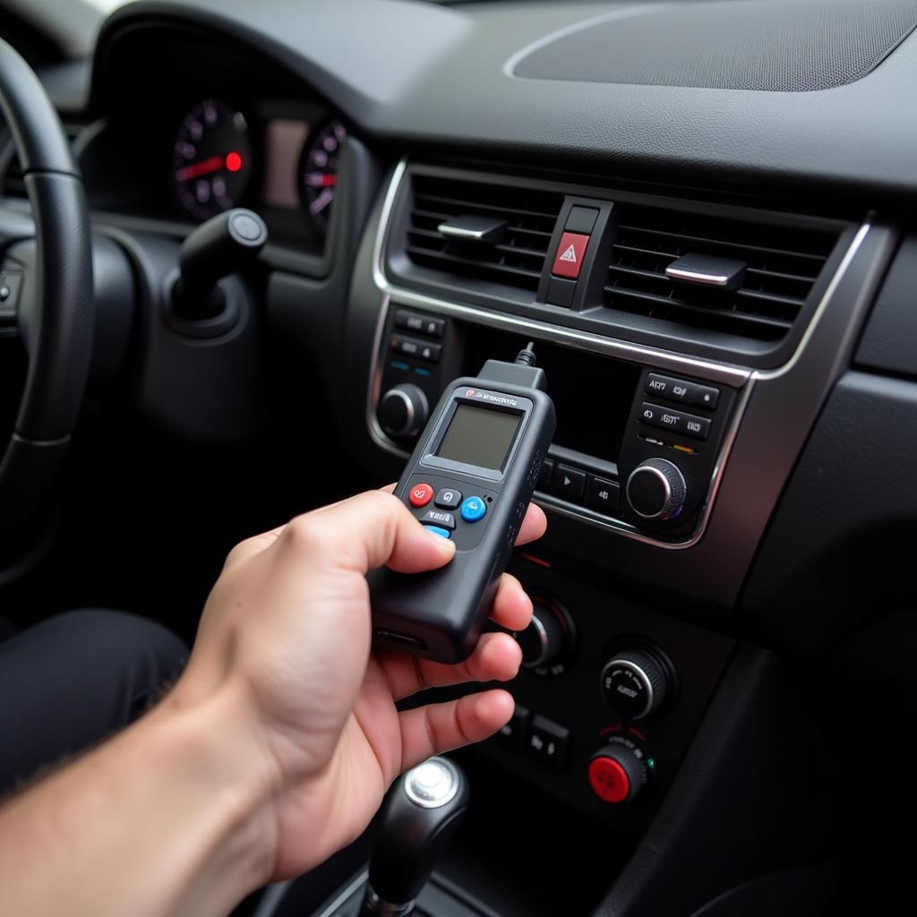 Mechanic connecting a cheap OBD2 scanner to a car's OBD2 port