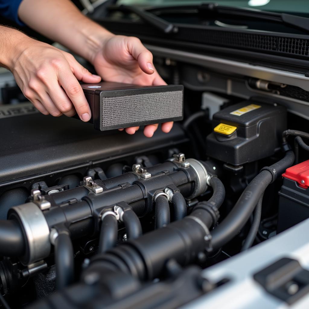 Close-up of Hands Inspecting Engine Components in an Isuzu