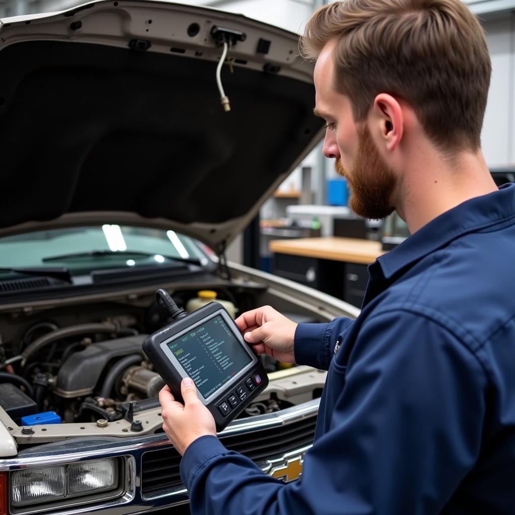 Mechanic Checking OBD2 Scanner Compatibility with 1999 Chevy Silverado