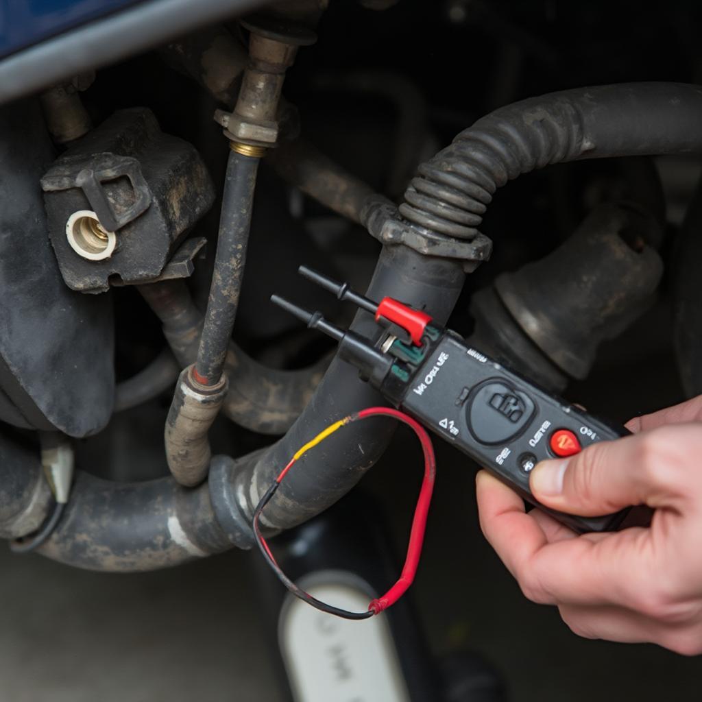 Mechanic Checking Oxygen Sensor Voltage with Multimeter