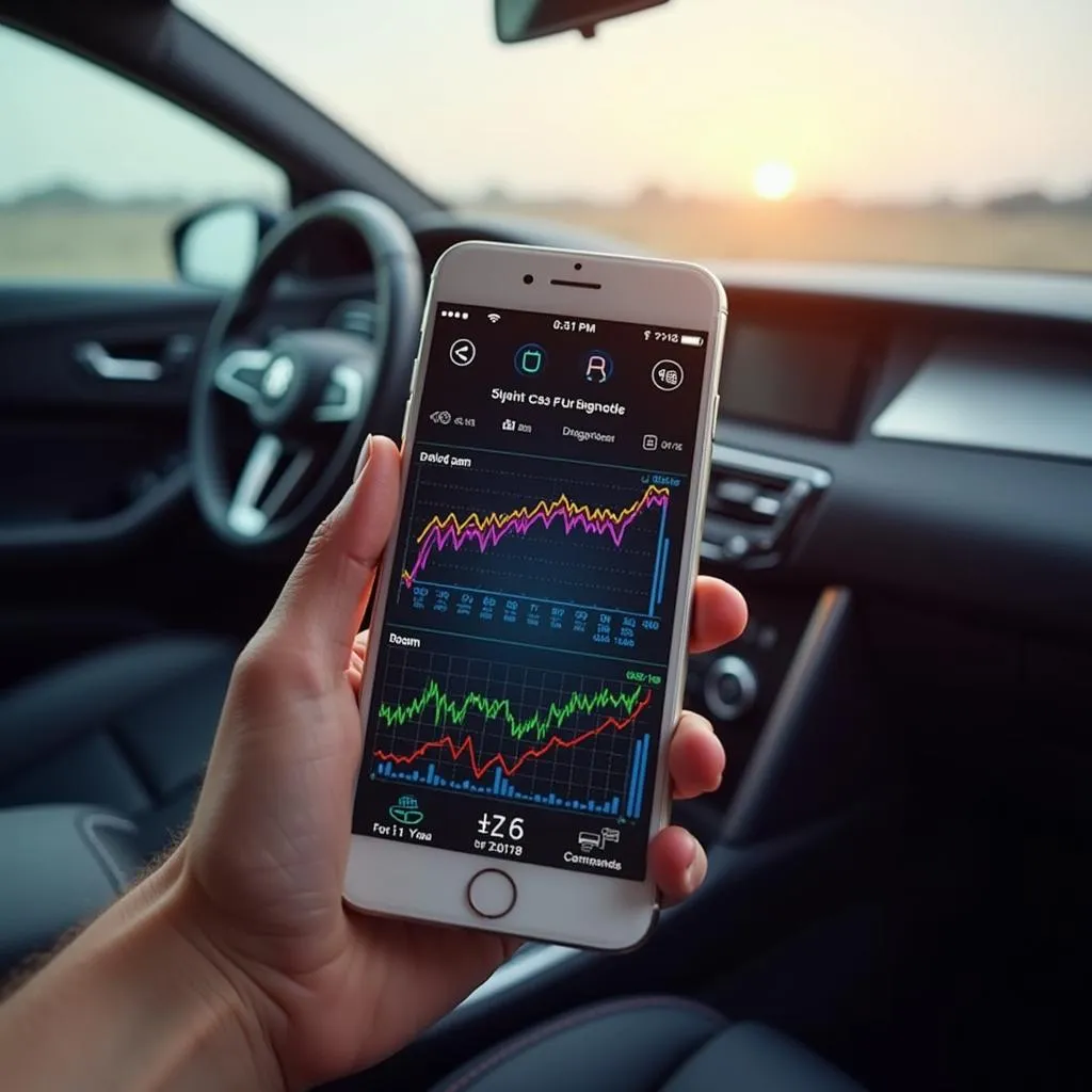 Close-up of hand holding a smartphone displaying car diagnostic data