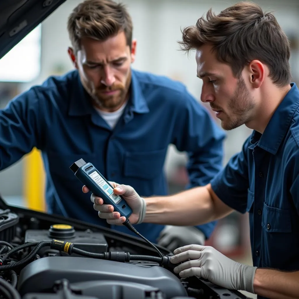 Mechanic Inspecting a Car with an OBD2 Scanner