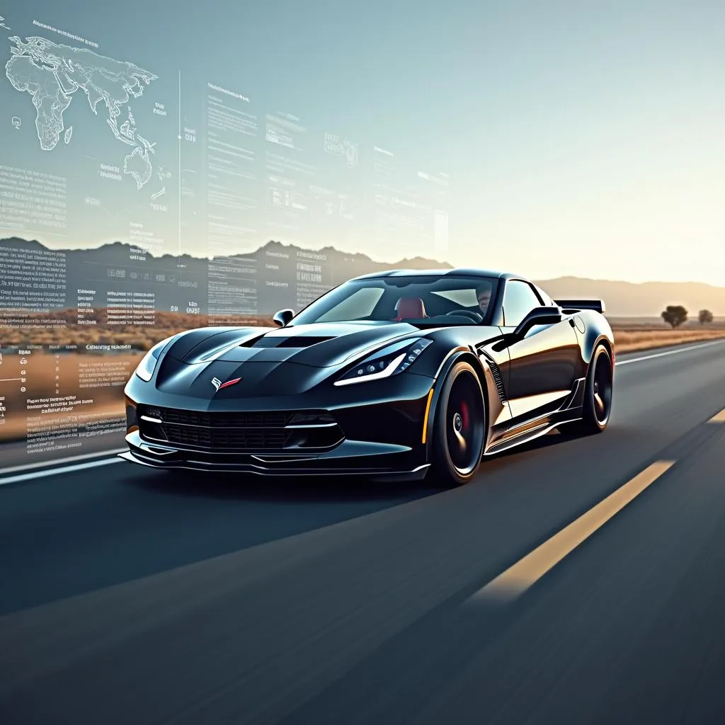 A Corvette speeding down an open road with digital graphics overlay