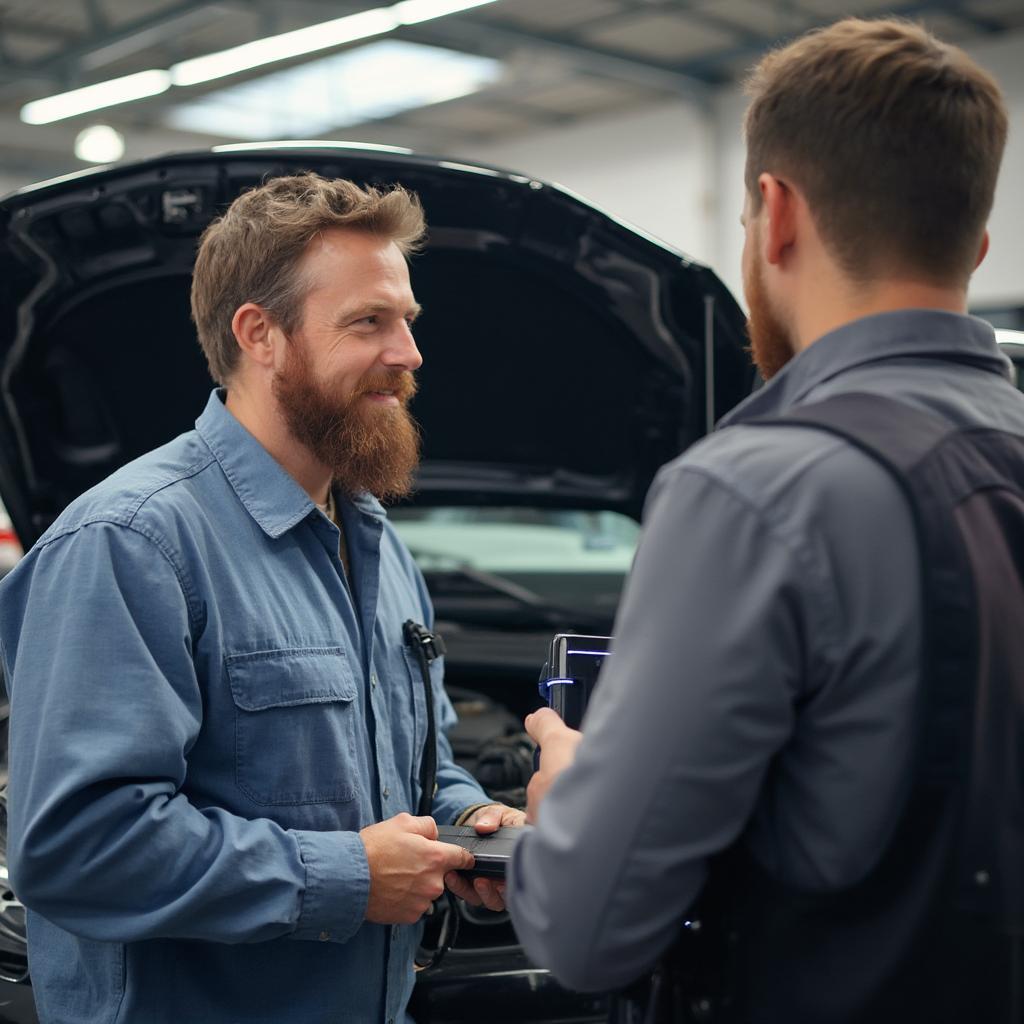 Customer Talking to Mechanic about OBD2 Scan