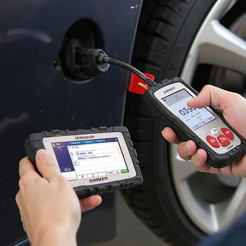 Mechanic using D900 OBD2 scanner in a car