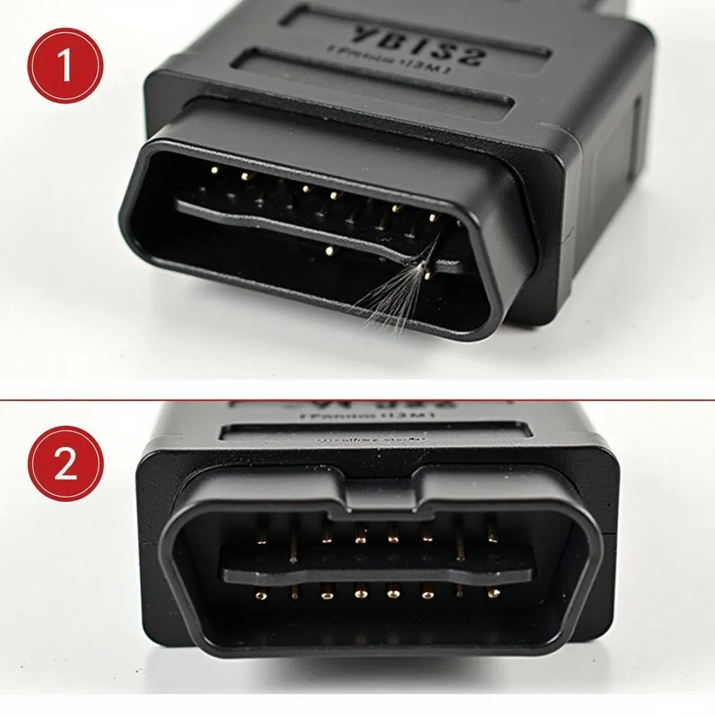 Close-up image of damaged OBD2 port pins