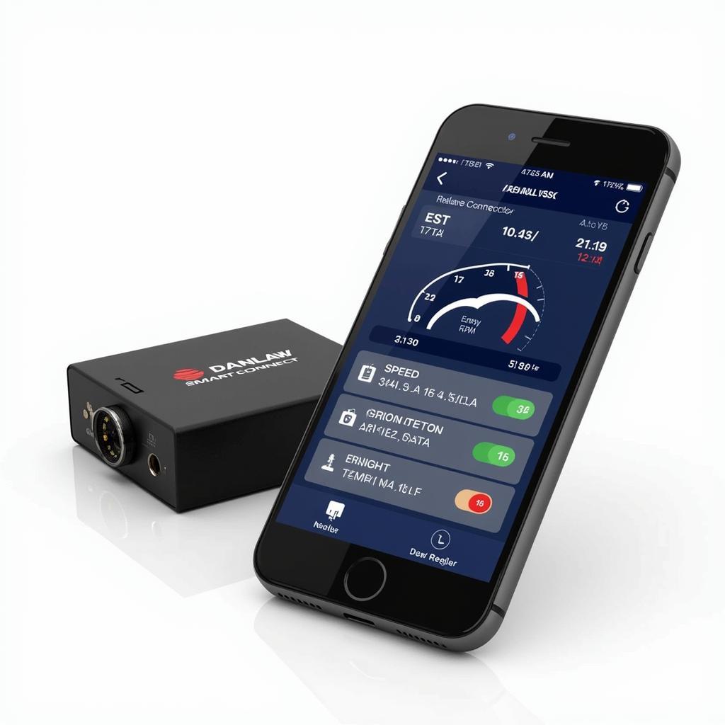 A smartphone with the Danlaw app open, displaying real-time vehicle data