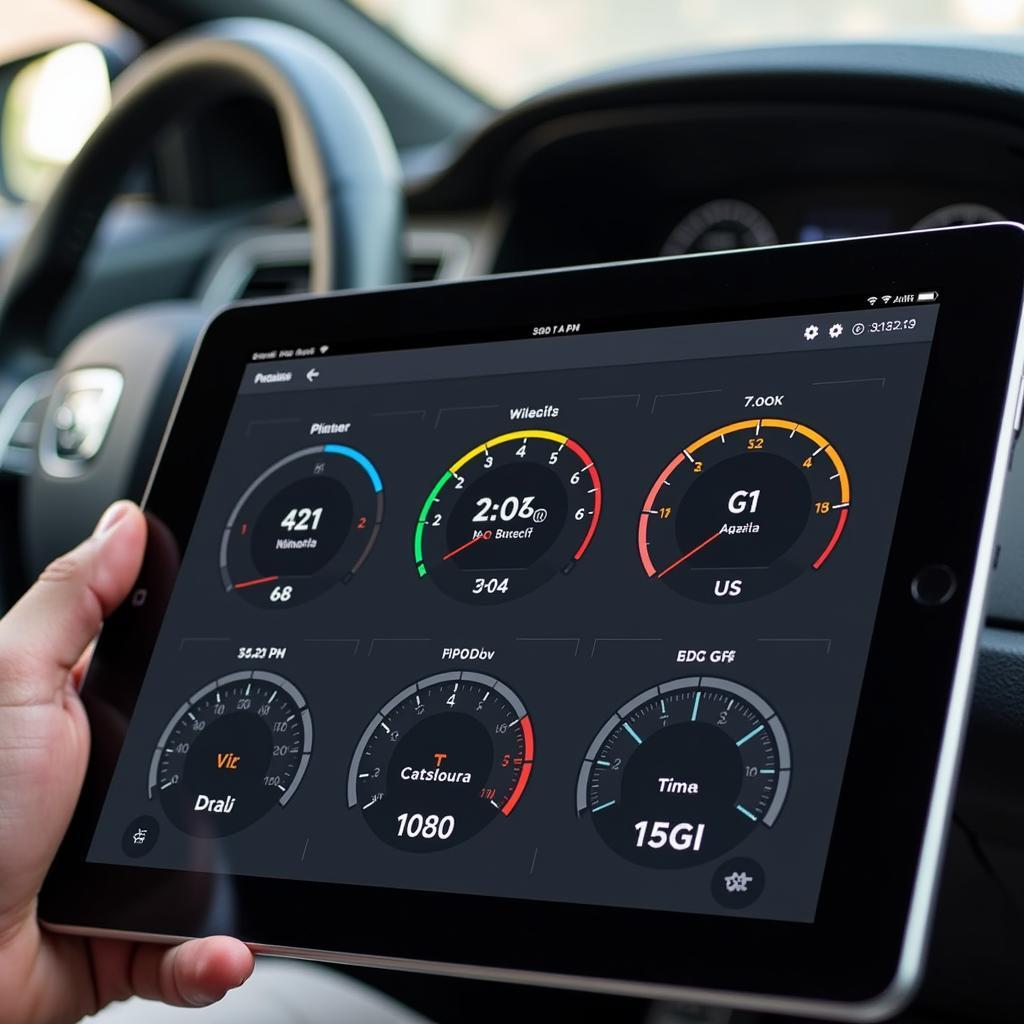 Tablet displaying a dashboard with an OBD2 app interface