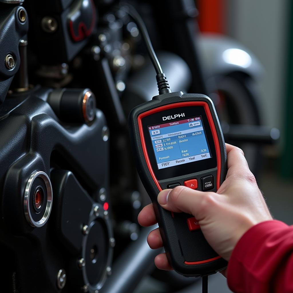 Delphi Motorcycle OBD2 Scanner in Use