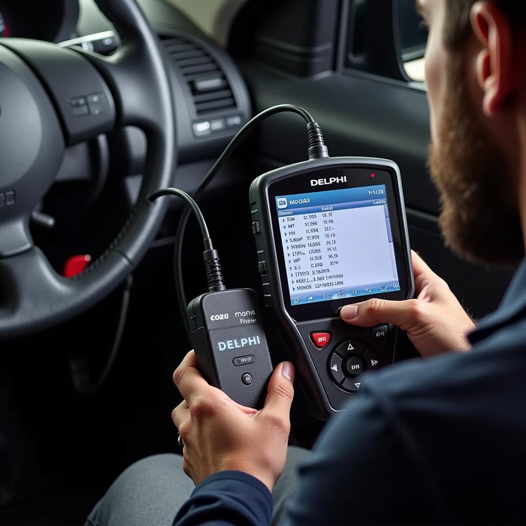 Delphi OBD2 Scanner Connected to a Car's OBD2 Port