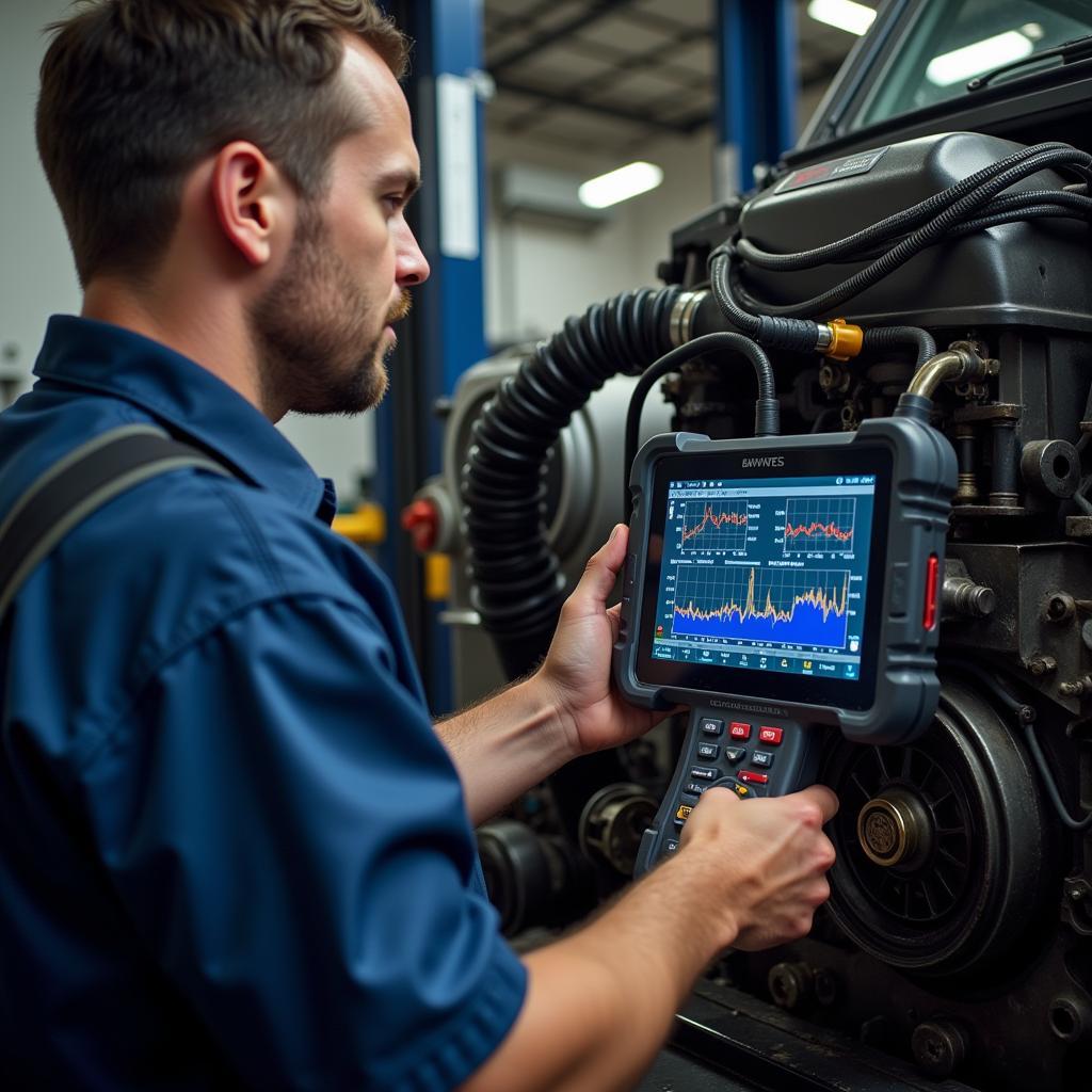 Mechanic Analyzing Diesel Engine Data